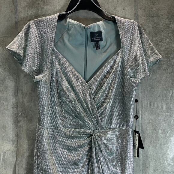ADRIANNA PAPELL Women's Sea Glass Metallic Mesh Twist Short Sleeve Maxi Gown SZ6 - Picture 5 of 14
